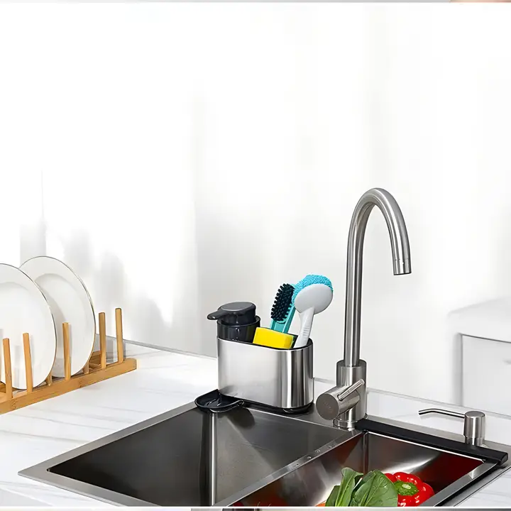 2-in-1 Gootsteen Organizer met Zeepdispenser – Nooit Meer Rommel Rond je Aanrecht