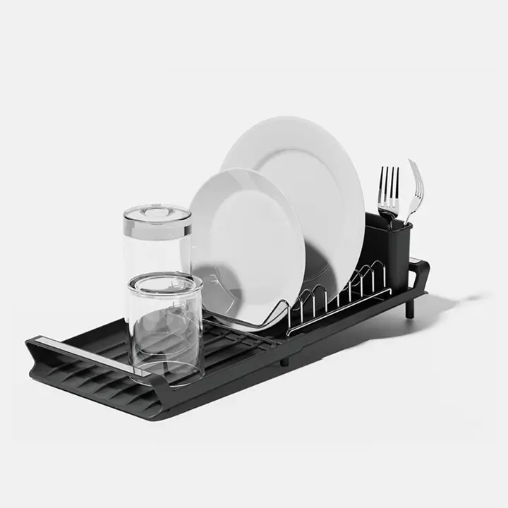 Uitschuifbaar Afdruiprek voor Gootsteen – Verstelbaar Druiprek met Waterafvoer – Ruimtebesparend Keukenrek Zwart