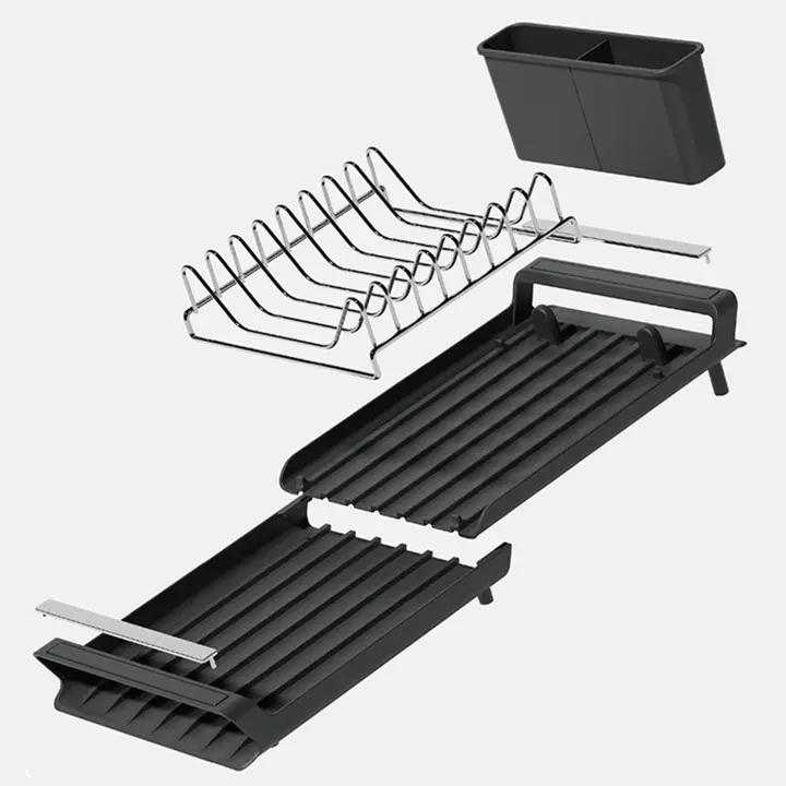 Uitschuifbaar Afdruiprek voor Gootsteen – Verstelbaar Druiprek met Waterafvoer – Ruimtebesparend Keukenrek Zwart