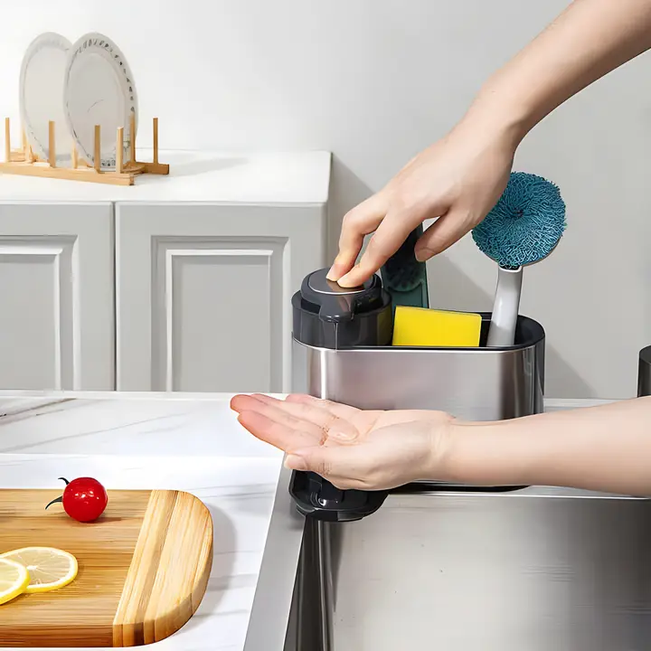 2-in-1 Gootsteen Organizer met Zeepdispenser – Nooit Meer Rommel Rond je Aanrecht