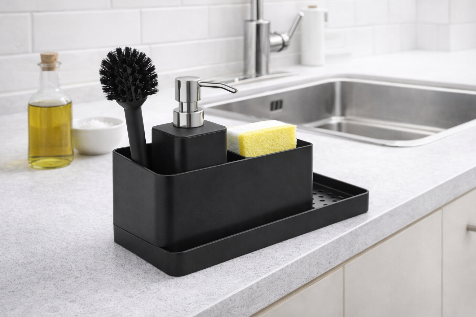 Zwarte Schoonmaakset – Stijlvolle Aanrecht Organizer
